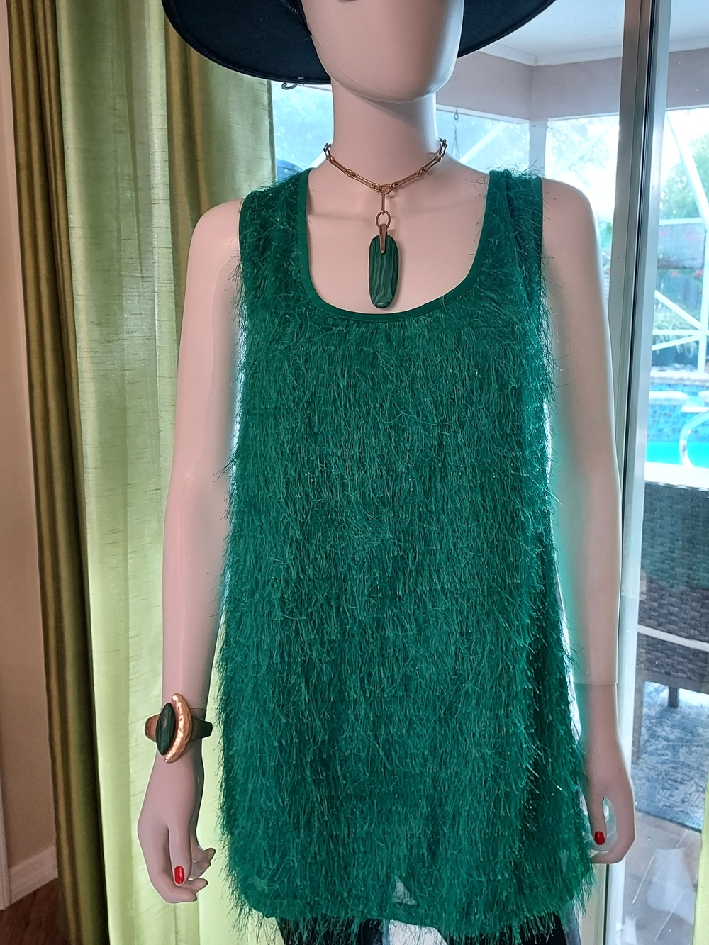 Cato Green Textured Fringe Tank Tunic